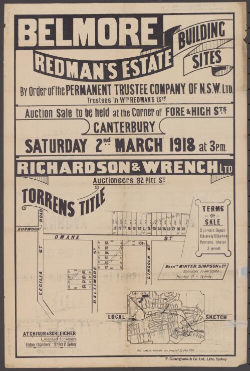 Belmore, Redman's Estate [cartographic material] : building sites by order of the Permanent Trustee Company of N.S.W. Ltd, trustees in Wm. Redman's este., auction sale to be held at the corner of Fore & High Sts., Canterbury Saturday 2nd March 1918 at 3 p.m. / Richardson & Wrench Ltd, Auctioneers, 92 Pitt St