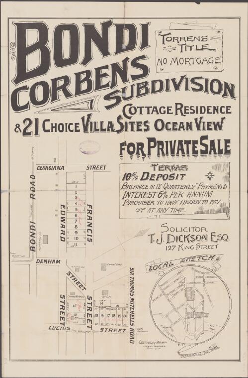 Bondi Corbens Subdivision [cartographic material] : cottage residence & 21 choice villa sites ocean view for private sale
