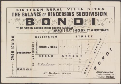 The balance of Henderson's Subdivision, Bondi [cartographic material] : to be sold by auction on the ground Saturday March 3rd at 3 o'clock / by W. Pritchard
