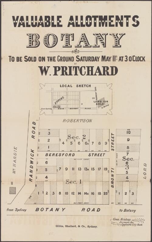 Valuable allotments, Botany [cartographic material] : to be sold on the ground Saturday May 11th at 3 o'clock / W.Pritchard