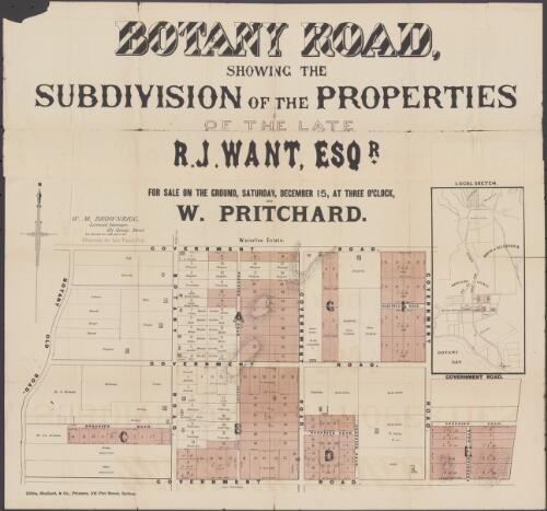 Botany Road showing the subdivision of the properties of the late R.J. Want, Esqr. [cartographic material] : for sale on the ground, Saturday December 15, at three o'clock / by W. Pritchard