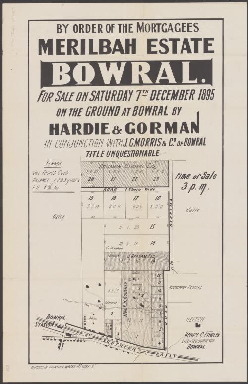 By order of the mortgagees, Merilbah Estate, Bowral [cartographic material] : for sale on Saturday 7th December 1895 on the ground at Bowral / by Hardie & Gorman in conjunction with J.G. Morris & Co. of Bowral