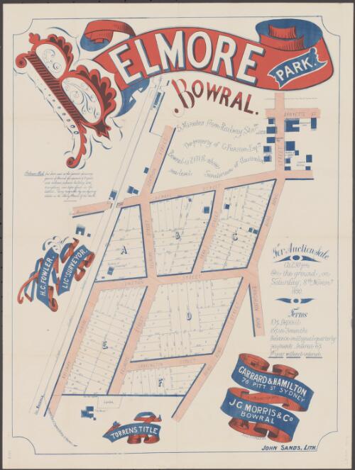 Belmore Park, Bowral [cartographic material] : for auction sale at 2.30 p.m. on the ground on Saturday, 8th Novembr. 1890 / Garrard & Hamilton, 76 Pitt St., Sydney in conjunction with J.G. Morris & Co., Bowral, Auctioneers
