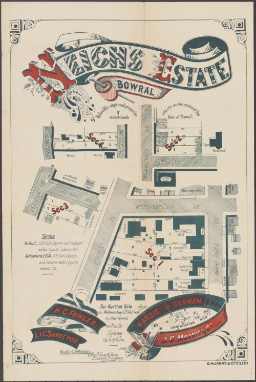 Neich's Estate, Bowral [cartographic material] : valuable improved properties & vacant lands situate in the centre of the town of Bowral for auction sale on Wednesday 5th Decr. 1894 in the rooms 133 Pitt St., Sydney at 11.30 a.m. / by Hardie & Gorman in conjunction with J.C. Morris & Co., Bowral