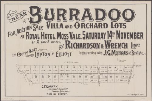 Near Burradoo [cartographic material] : villa and orchard lots for auction sale at Royal Hotel, Moss Vale, Saturday 14th November at 1/2 past 2 o'clock / by Richardson & Wrench Limtd. in conjunction with J.G. Morris of Bowral