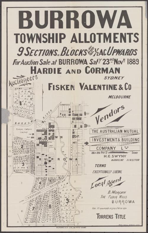 Burrowa township allotments [cartographic material] : 9 sections, blocks from 1/2 ac upwards for auction sale at Burrowa Saty. 23rd Novr. 1889 / Hardie and Gorman, Auctioneers, Sydney, Fisken Valentine & Co., Melbourne ; Hosking, draftsman, 65 Market St., Sydney