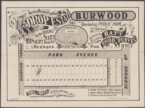 Edrop Estate Burwood [cartographic material] : on the ground Satdy. 19th. Sept. 1885 at 3 p.m. : overloooking public park : free train tickets on application to the auctioneers / Batt, Rodd & Purves, 88 Pitt St