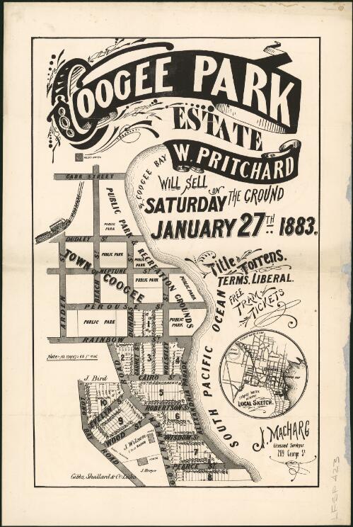 Coogee Park Estate [cartographic material] : will sell on the ground on Saturday January 27th 1883 / W. Pritchard