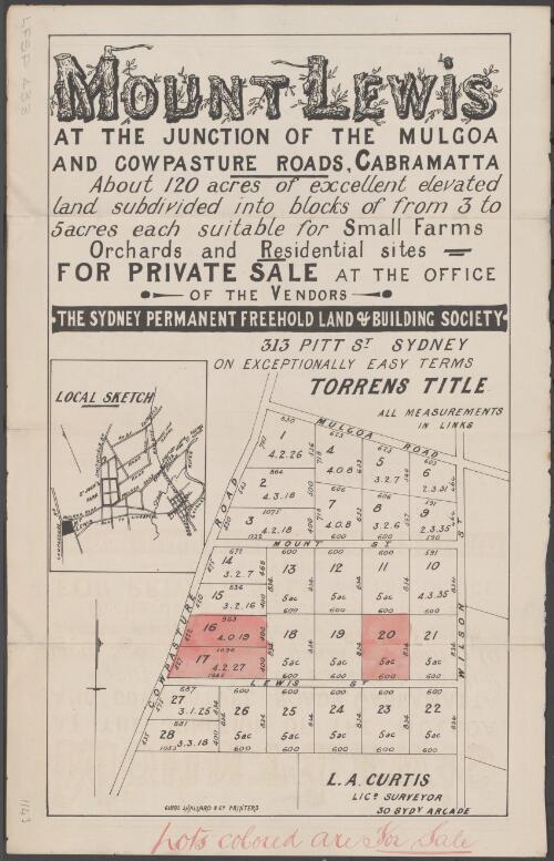 Mount Lewis [cartographic material] : at the junction of the Mulgoa and Cowpasture Roads, Cabramatta : about 120 acres of excellent elevated land subdivided into blocks of from 3 to 5 acres each suitable for small farms orchards and residential sites : for private sale at the office of the vendors / The Sydney Permanent Freehold Land & Building Society, 313 Pitt St. Sydney