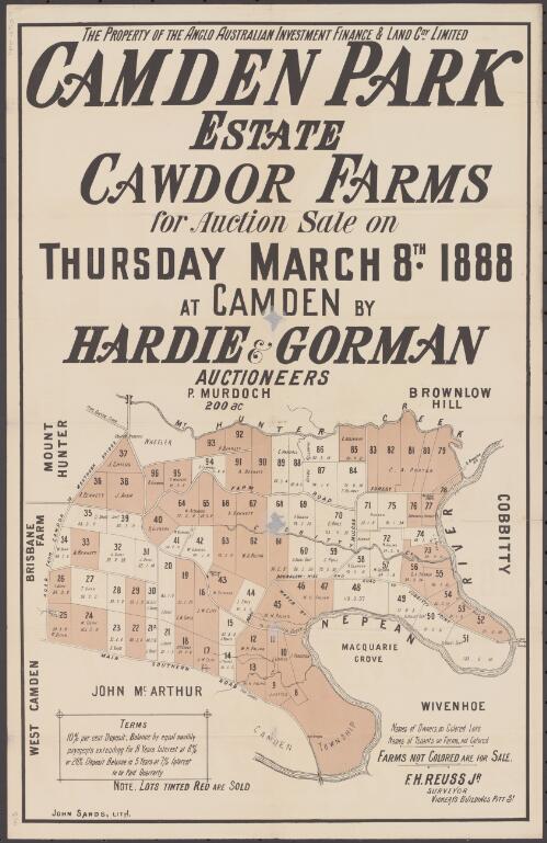 Camden Park Estate, Cawdor Farms [cartographic material] : for auction sale on Thursday March 8th 1888 at Camden / by Hardie & Gorman, auctioneers