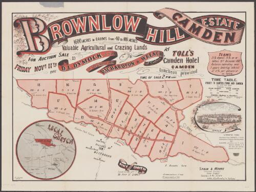 Brownlow Hill Estate, Camden [cartographic material] : 1600 acres in farms from 40 to 100 acres : valuable agricultural and crazing lands : for auction sale Friday Novr 11th 1887 / by D.L. Dymock of Kiama in conjunction with Richardson & Wrench of Sydney at Toll's, Camden Hotel, Camden