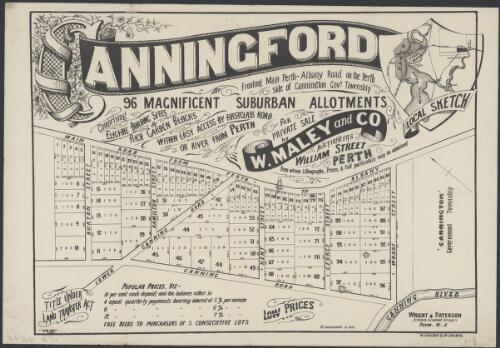 Canningford [cartographic material] : fronting main Perth-Albany Road on the Perth side of Cannington Govt. Township : 96 magnificent suburban allotments comprising eligable building sites & rich garden blocks within easy access by firstclass road or river from Perth : for private sale / by W. Maley and Co., auctioneers, William Street Perth, from whom lithographs, prices & full particulars may be obtained