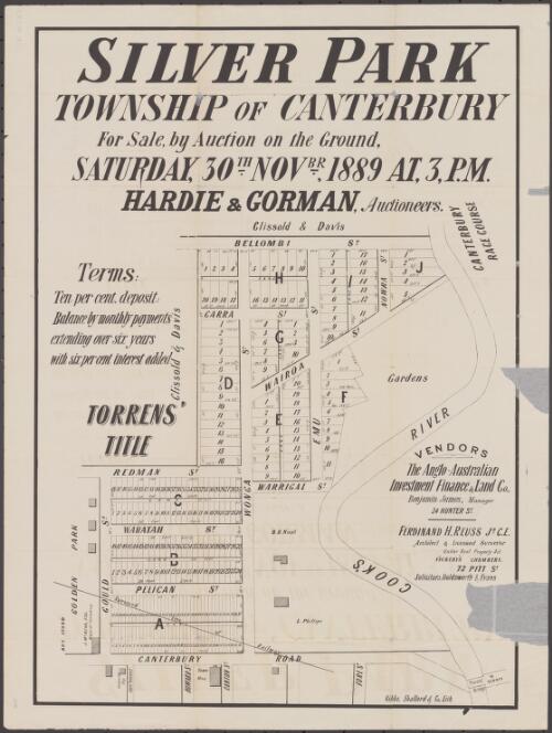 Silver Park, township of Canterbury [cartographic material] : for sale, by auction on the ground, Saturday, 30th Novbr. 1889 at 3, p.m. / Hardie & Gorman, Auctioneers ; vendors, The Anglo-Australian Investment Finance & Land Co., Benjamin James, Manager, 24 Hunter St