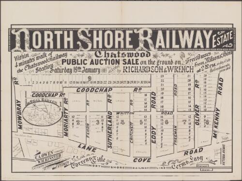 North Shore Railway Estate, Chatswood [cartographic material] : within 4 minutes walk of the Chatswood Railway Station, public auction sale on the ground on Saturday 19th January 1889 at 3 o'clock / by Richardson & Wrench at 2.30 p.m. on day of sale