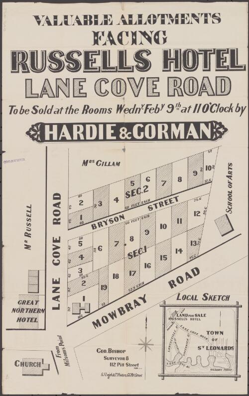 Valuable allotments facing Russells Hotel, Lane Cove Road [cartographic material] : to be sold at the rooms Wedny. Feby. 9th at 11 o'clock / by Hardie & Gorman
