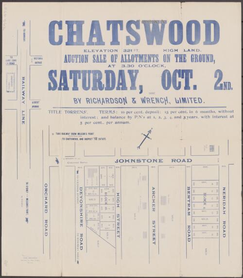 Chatswood [cartographic material] : auction sale of allotments on the ground, at 3.30 o'clock, Saturday, Oct. 2nd, 1897 / by Richardson & Wrench, Limited