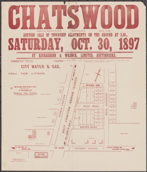 Chatswood [cartographic material] : auction sale of township allotments on the ground at 3.30., Saturday, Oct. 30, 1897 / by Richardson & Wrench, Limited, auctioneers