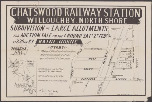Chatswood Railway Station, Willoughby, North Shore [cartographic material] : subdivision of large allotments for auction sale on the ground Saty. 2nd Feby. at 3 30 pm / by Raine & Horne, auctioneers