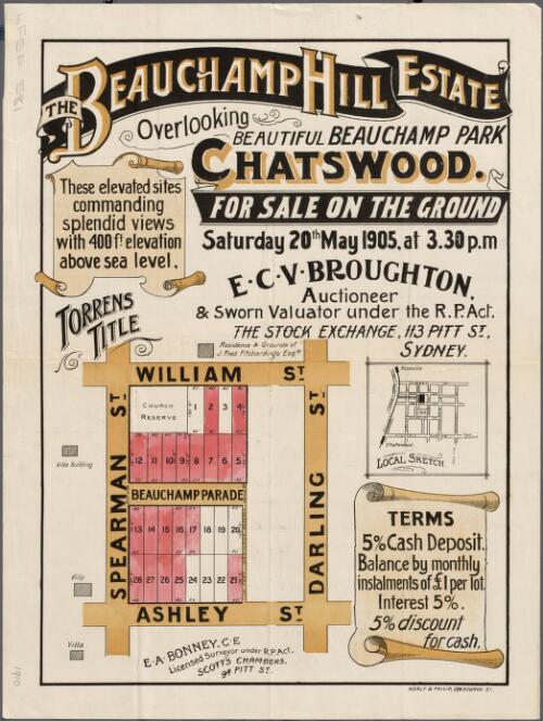 The Beauchamp Hill estate [cartographic material] : overlooking beautiful Beauchamp Park, Chatswood / for sale on the ground Saturday 20th May 1905, at 3.30 p.m., E.C.V. Broughton, auctioneer