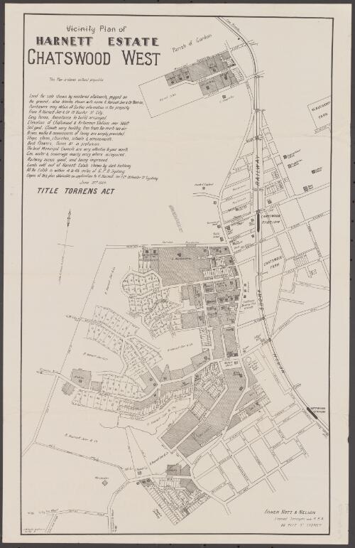 Vicinity plan of Harnett Estate, Chatswood West [cartographic material] / J.M. Cantle, Draftsman, 90 Pitt St
