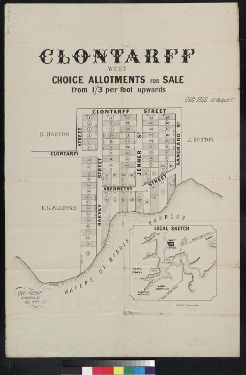 Clontarff west [cartographic material] : choice allotments for sale from 1s/3d / Geo. Pile, 62 Margaret St