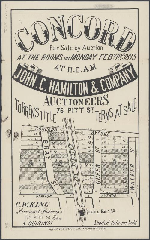 Concord [cartographic material] : for sale by auction at the rooms on Monday Feby. 18th 1895 at 11.0 a.m. / John C. Hamilton & Company, auctioneers, 76 Pitt St