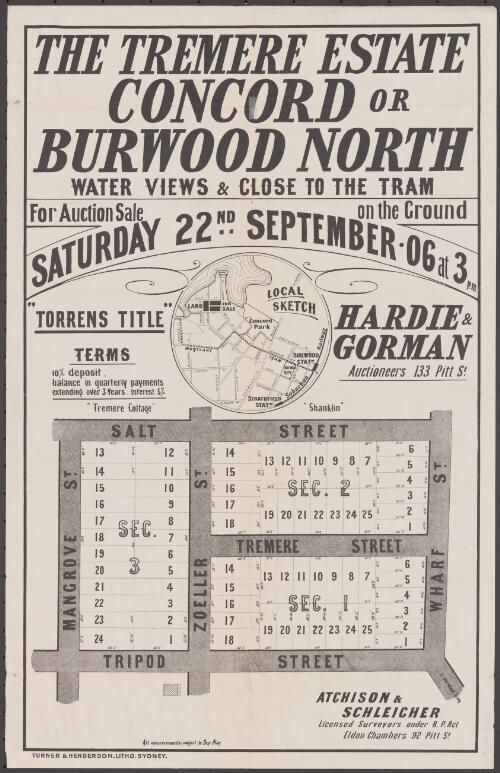 The Tremere Estate, Concord or Burwood North [cartographic material] : water views & close to the tram, for auction sale on the ground Saturday 22nd September 06 at 3 p.m. / Hardie & Gorman, auctioneers, 133 Pitt St