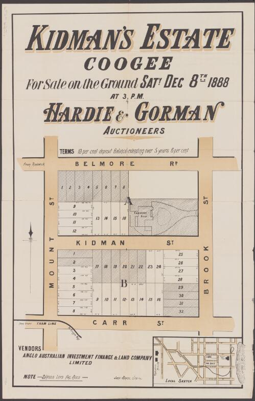 Kidman's Estate, Coogee [cartographic material] : for sale on the ground Saty. Dec 8th 1888 at 3.p.m. / Hardie & Gorman, auctioneers