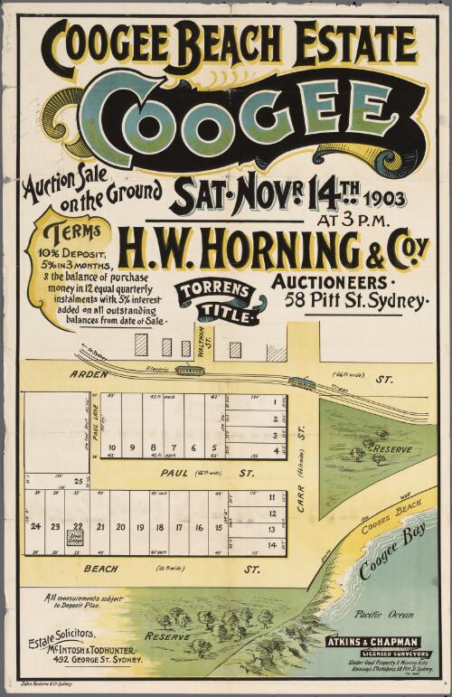 Coogee Beach estate, Coogee [cartographic material] / auction sale on the ground Sat. Novr. 14th 1903 at 3 p.m., H.W. Horning & Coy., auctioneers