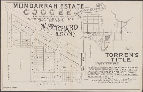 Mundarrah Estate, Coogee [cartographic material] : for auction sale on the ground, Saturday. March 5th. 1892 at 3 o'clock / W. Pritchard & Sons