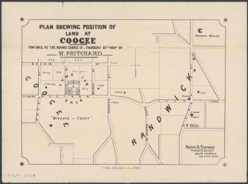 Plan shewing position of land at Coogee [cartographic material] : for sale at the rooms George St. _ Thursday 27th Novr. / by W. Pritchard