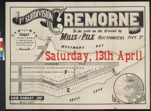 Cremorne, 1st subdivision [cartographic material] / to be sold on the ground by Mills and Pile, auctioneers Pitt St., Saturday, 13th April