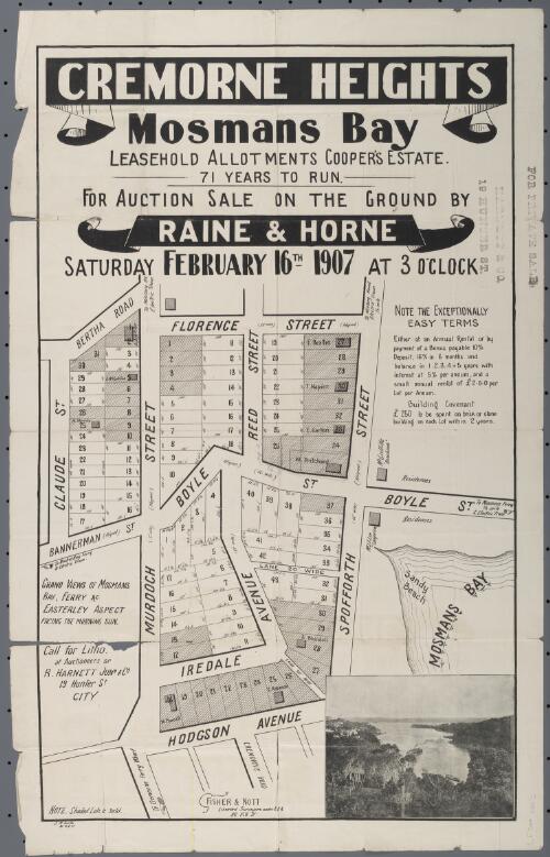 Cremorne Heights, Mosmans Bay [cartographic material] : leasehold allotments Cooper's estate, 71 years to run / for auction sale on the ground by Raine & Horne, Saturday February 16th 1907 at 3 o'clock