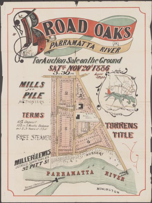 Broad Oaks, Parramatta River [cartographic material] : for auction sale on the ground, Satdy. Nov 20th 1886, 3.30 p.m. / Mills and Pile, auctioneers
