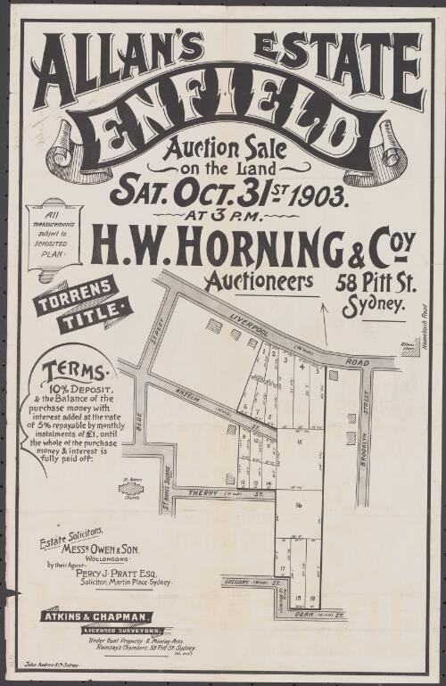 Allan's Estate, Enfield [cartographic material] : auction sale on the land, Sat. Oct. 31st 1903 at 3 p.m. / H.W. Horning & Coy., auctioneers 58 Pitt St. Sydney