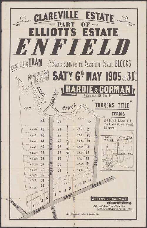 Clareville Estate, part of Elliott's Estate, Enfield [cartographic material] : close to the tram, 52 3/4 acres subdivided into 1/2 acre up to 1 1/2 acre blocks : for auction sale on the ground, Saty. 6th May 1905 at 3,o'c / Hardie & Gorman, auctioneers 133 Pitt St