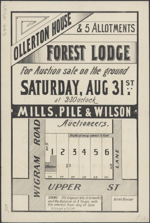 Forest Lodge, Ollerton House & 5 allotments [cartographic material] / for auction sale on the ground, Saturday, Aug. 31st. at 3-30 o'clock, Mills, Pile & Wilson, auctioneers