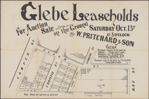 Glebe leaseholds [cartographic material] : for auction sale on the ground Saturday Oct. 13th at 3 o'clock / by W. Pritchard & Son