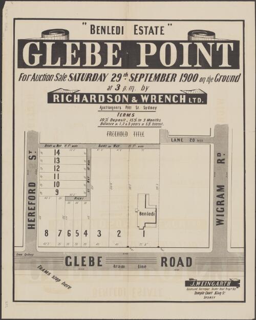"Benledi Estate", Glebe Point [cartographic material] : for auction sale Saturday 29th September 1900 on the ground at 3 p.m. / by Richardson & Wrench Ltd., auctioneers Pitt St. Sydney