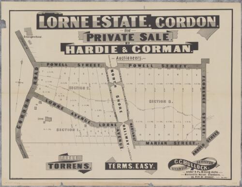 Lorne Estate, Gordon [cartographic material] : for private sale / by Hardie & Gorman, auctioneers ; drawn by W. Massey, surveyor