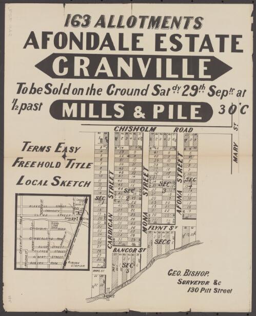 163 allotments, Afondale Estate, Granville [cartographic material] / to be sold on the ground, Satdy. 29th Septr., at 1/2 past 3 o'c ; Mills & Pile
