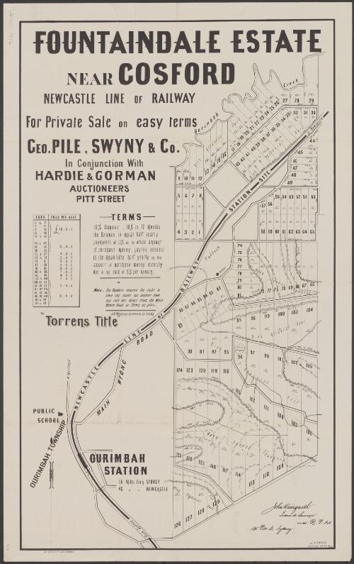 Fountaindale Estate, near Gosford [cartographic material] : Newcastle line of railway, for private sale on easy terms, Geo. Pile, Swyny & Co., in conjunction with Hardie & Gorman, auctioneers, Pitt Street