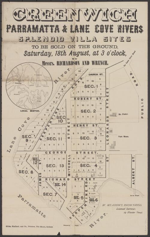 Greenwich [cartographic material] : Parramatta & Lane Cove Rivers, splendid villa sites / to be sold on the ground, Saturday, 18th August, at 3 o'clock, by Messrs. Richardson and Wrench