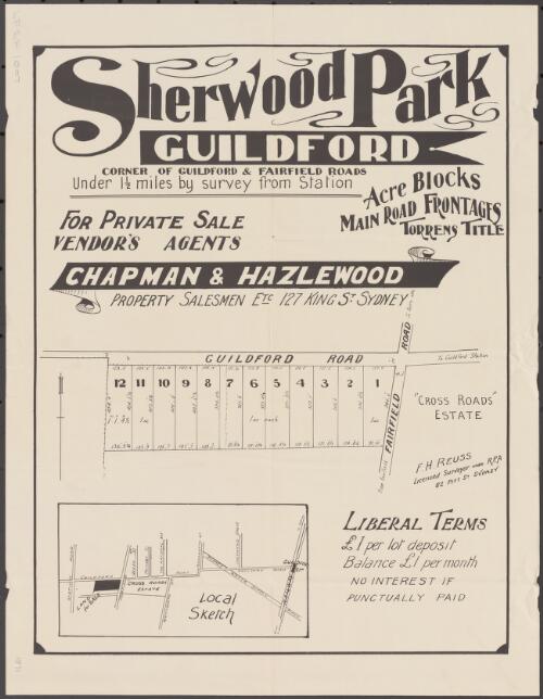 Sherwood Park, Guildford [cartographic material] : corner of Guildford & Fairfield Roads / for private sale, vendor's agents, Chapman and Hazlewood, property salesmen etc., 127 King Street, Sydney