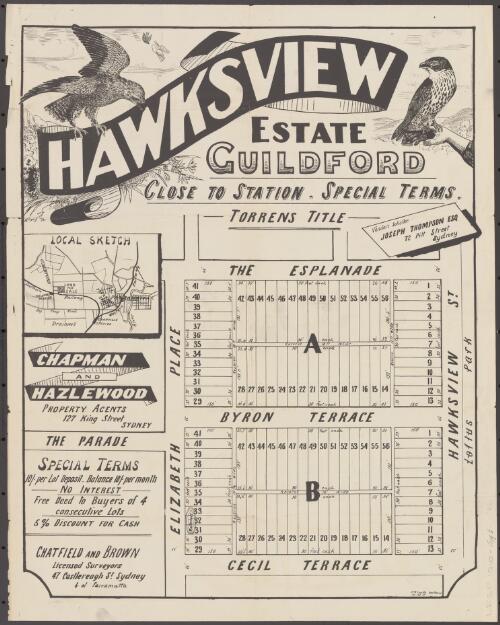 Hawksview Estate, Guildford [cartographic material] : close to station, special terms / Chapman and Hazlewood, property agents, 127 King Street, Sydney
