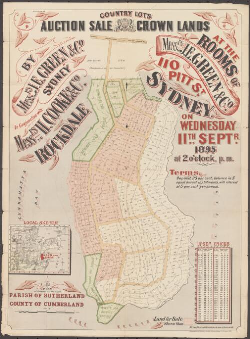 Country lots auction sale, Crown lands [cartographic material] / by Messrs. J.E. Green & Co., Sydney, in conjunction with Messrs. H. Cooke & Co., Rockdale, at the rooms of Messrs. J.E. Green & Co., 110 Pitt St., Sydney, on Wednesday 11th Septr., 1895, at 2 o'clock, p.m