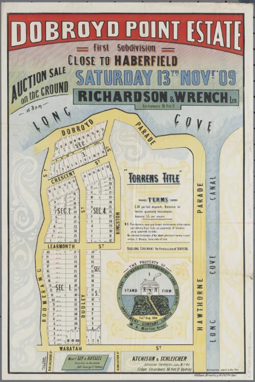 Dobroyd Point estate, first subdivision [cartographic material] : close to Haberfield / auction sale on the ground at 3 p.m., Saturday 13th Novr. '09, Richardson & Wrench, auctioneers