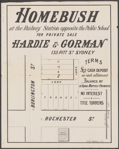 Homebush at the Railway Station opposite the Public School for private sale [cartographic material] / Hardie & Gorman, 133 Pitt St. Sydney