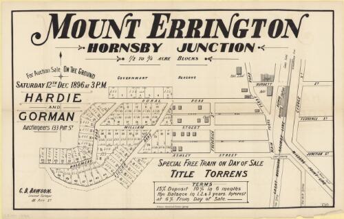 Mount Errington Hornsby junction [cartographic material] : 1/2 and 3/4 acre blocks : for auction sale on the ground Saturday 12th. Dec 1896 at 3 p.m. / Hardie and Gorman auctioneers 133 Pitt St