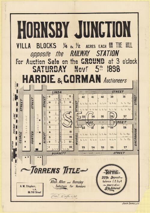 Hornsby Junction [cartographic material] : villa blocks 1/4 & 1/2 acres each on the hill, opposite the railway station : for auction sale on the ground at 3 o'clock Saturday Novr. 5th. 1898 / Hardie and Gorman auctioneers